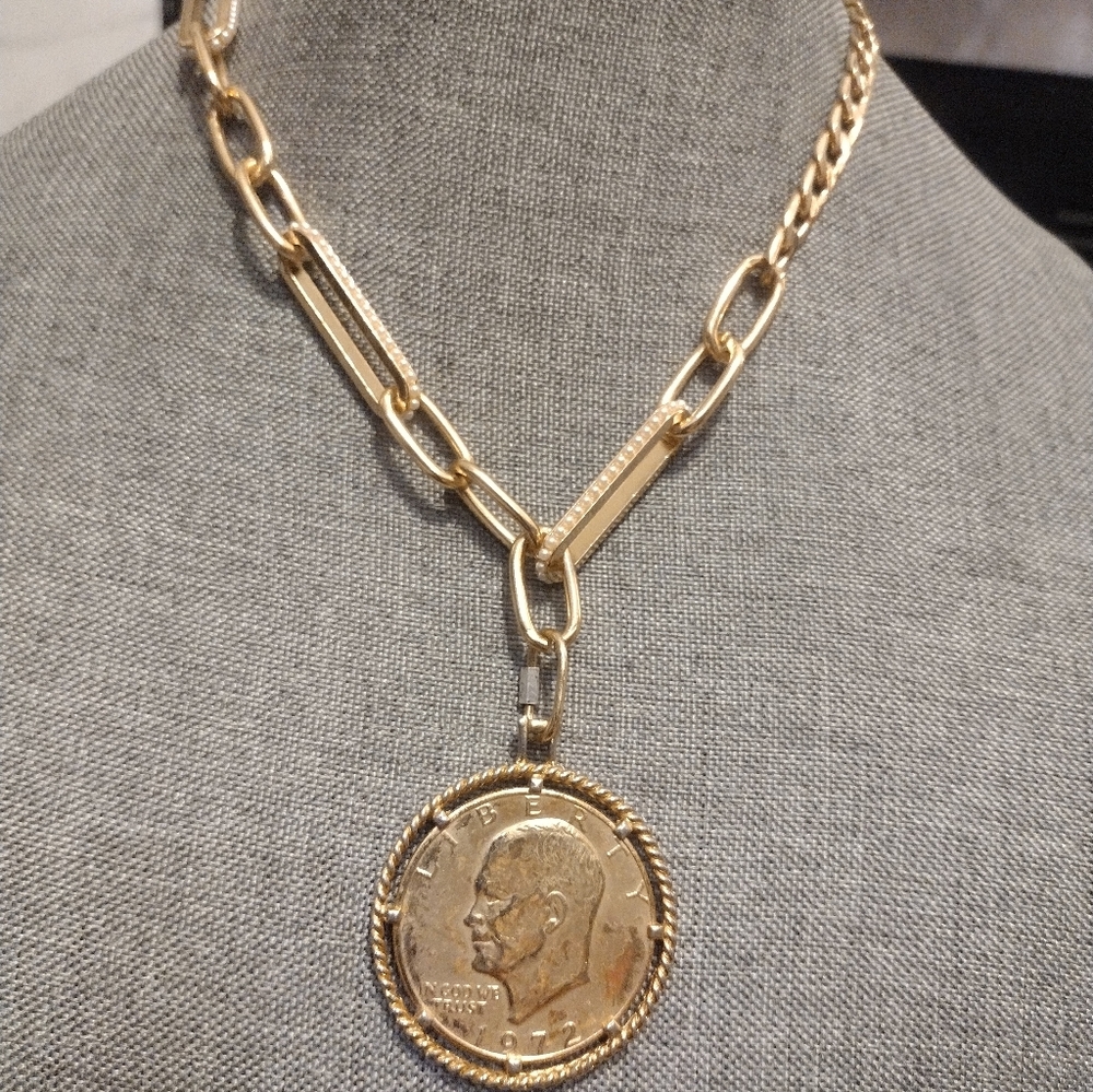 Gold Tine Real US Eisenhower Dollar Coin Necklace 18"-21"